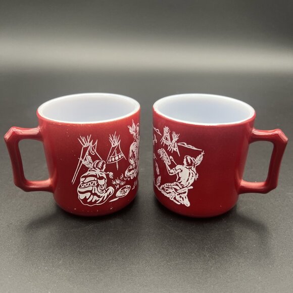VTG Pair Of Hazel Atlas Western Childs Dark Red Milk Glass Mugs Native American - Picture 9 of 14